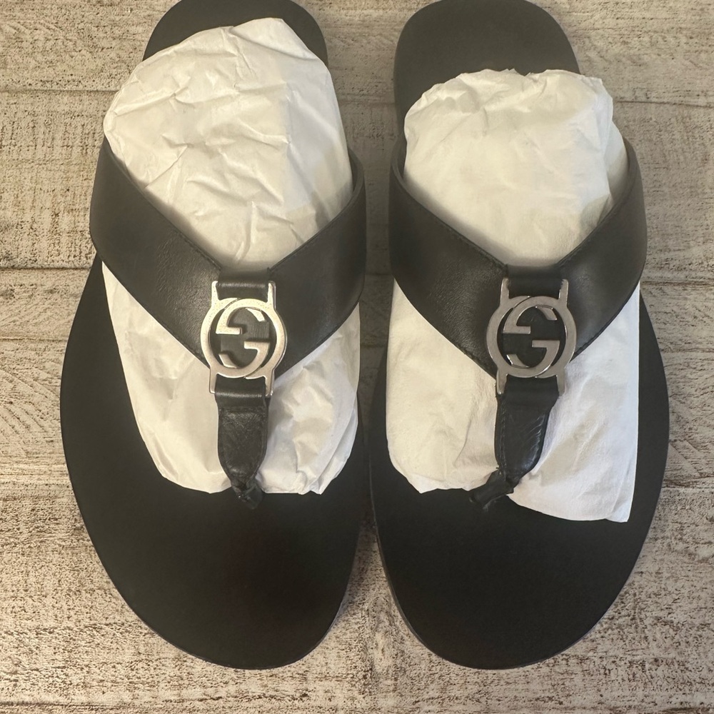 Gucci Black Sandals with Silver Emblem